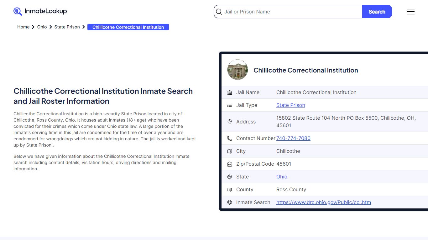 Chillicothe Correctional Institution Inmate Search, Jail Roster ...